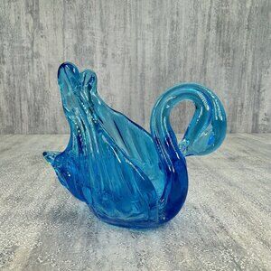 Vintage Cavalier Canada Blue Glass Swan Dish 5” MCM